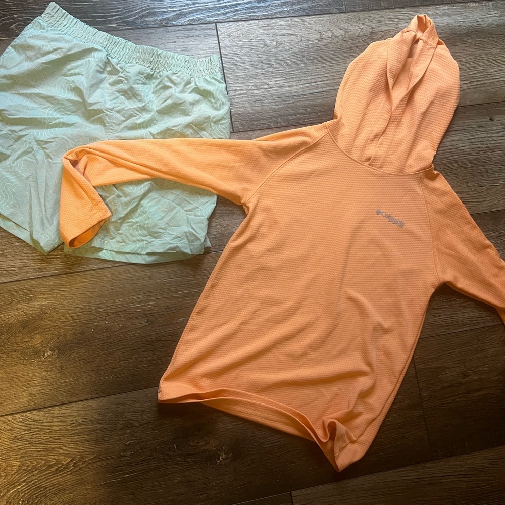 Boys’ Columbia Swim Orange Hooded Top with Light Green and Orange Pattern Shorts